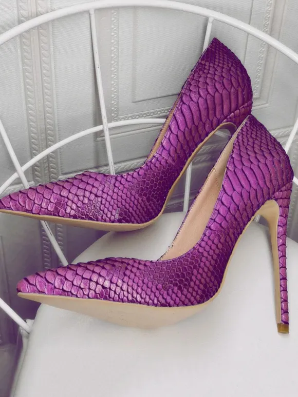 Womens Purple Python Stiletto Heel Pointed Toe High Heel Pumps