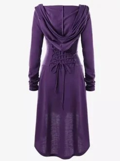 Womens Renaissance Costumes Hooded Robe Lace Up Vintage Pullover High Low Long Hoodie Dress Medieval Gothic Cloak