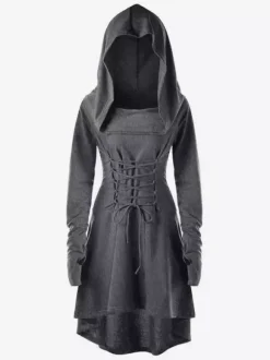 Womens Renaissance Costumes Hooded Robe Lace Up Vintage Pullover High Low Long Hoodie Dress Medieval Gothic Cloak