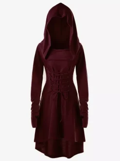 Womens Renaissance Costumes Hooded Robe Lace Up Vintage Pullover High Low Long Hoodie Dress Medieval Gothic Cloak