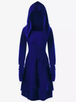 Womens Renaissance Costumes Hooded Robe Lace Up Vintage Pullover High Low Long Hoodie Dress Medieval Gothic Cloak