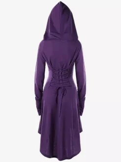Womens Renaissance Costumes Hooded Robe Lace Up Vintage Pullover High Low Long Hoodie Dress Medieval Gothic Cloak