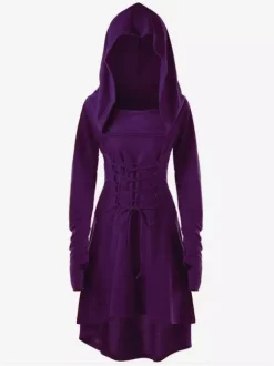 Womens Renaissance Costumes Hooded Robe Lace Up Vintage Pullover High Low Long Hoodie Dress Medieval Gothic Cloak