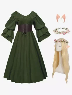 Womens Retro Medieval Costumes Ruffles Polyester Marie Antoinette Costume Set