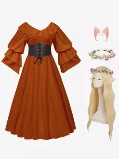 Womens Retro Medieval Costumes Ruffles Polyester Marie Antoinette Costume Set