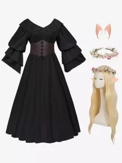 Womens Retro Medieval Costumes Ruffles Polyester Marie Antoinette Costume Set