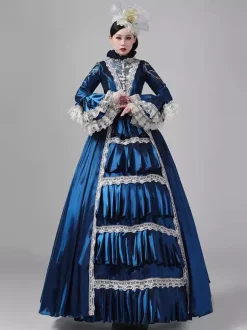 Women's Retro Victorian Dress Long Lace Flare Sleeves Ball Rococo Dress With Headwear