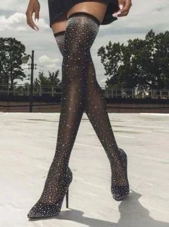 Women's Rhinestone Stiletto Heel Thigh High Boots