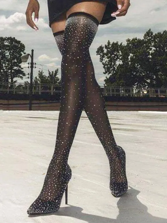 Women's Rhinestone Stiletto Heel Thigh High Boots