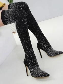 Women's Rhinestone Stiletto Heel Thigh High Boots
