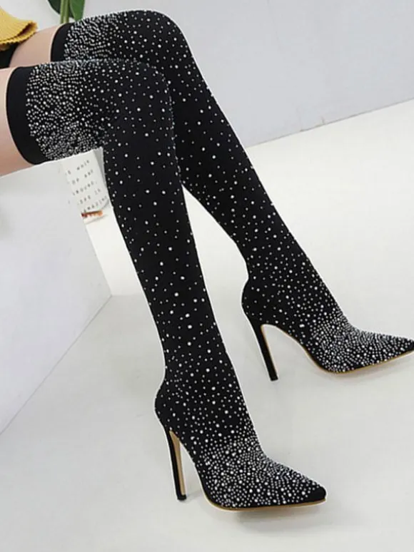Women's Rhinestone Stiletto Heel Thigh High Boots