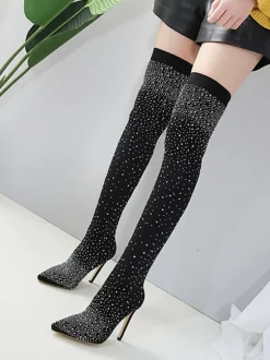 Women's Rhinestone Stiletto Heel Thigh High Boots