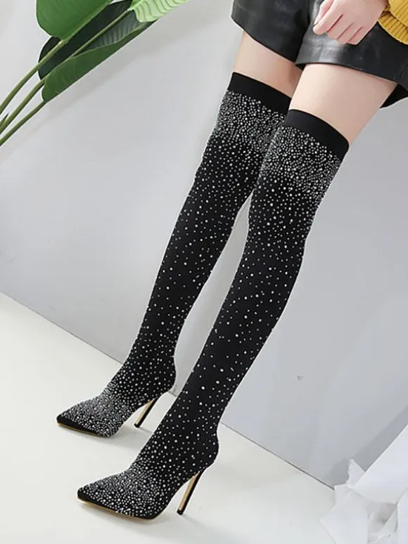 Women's Rhinestone Stiletto Heel Thigh High Boots