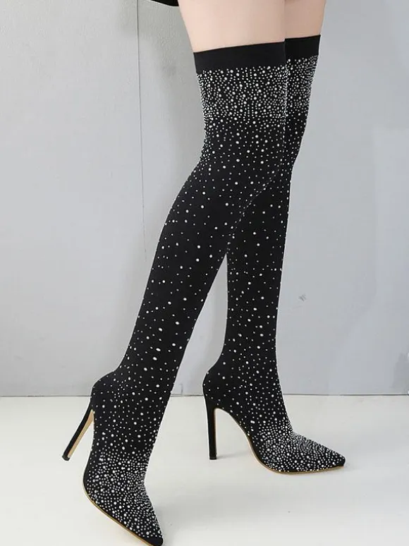 Women's Rhinestone Stiletto Heel Thigh High Boots