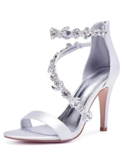 Women's Rhinestone Strap Wedding Shoes Heeled Bridal Sandals