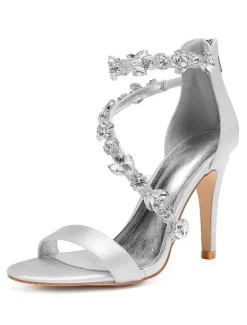Women's Rhinestone Strap Wedding Shoes Heeled Bridal Sandals
