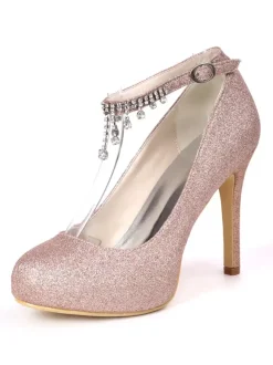 Women's Rhinestones Ankle Strap Round Toe Bridal Pumps