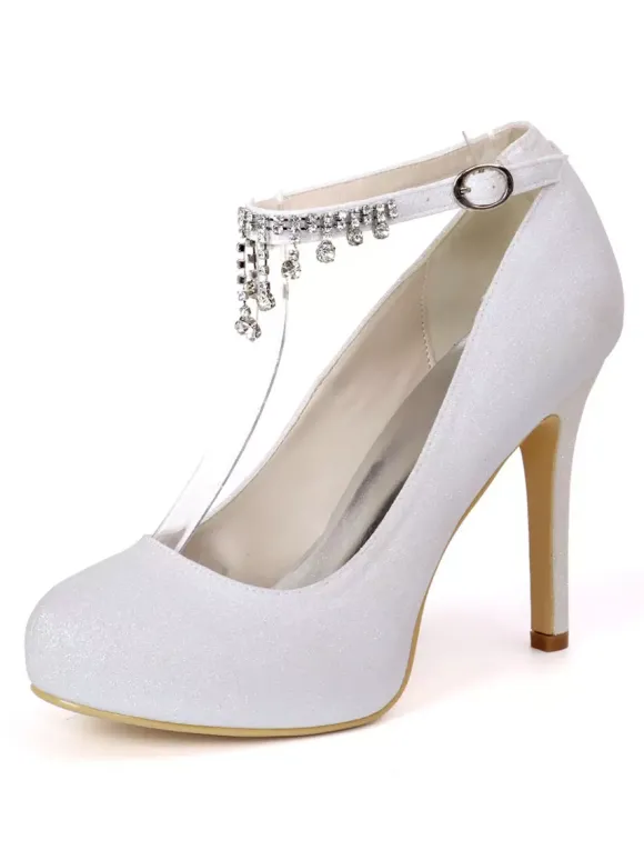 Women's Rhinestones Ankle Strap Round Toe Bridal Pumps