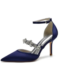 Women's Rhinestones Ankle Strap Heeled Bridal Pumps in Satin