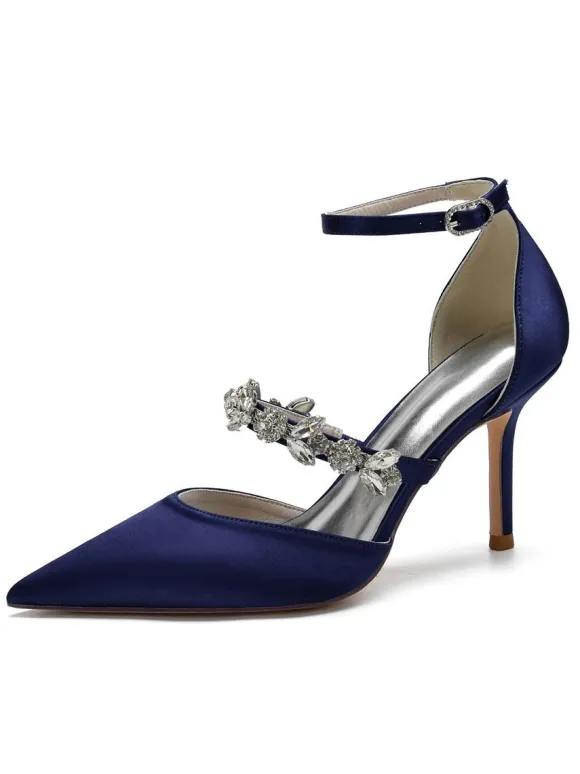 Women's Rhinestones Ankle Strap Heeled Bridal Pumps in Satin