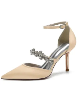 Women's Rhinestones Ankle Strap Heeled Bridal Pumps in Satin