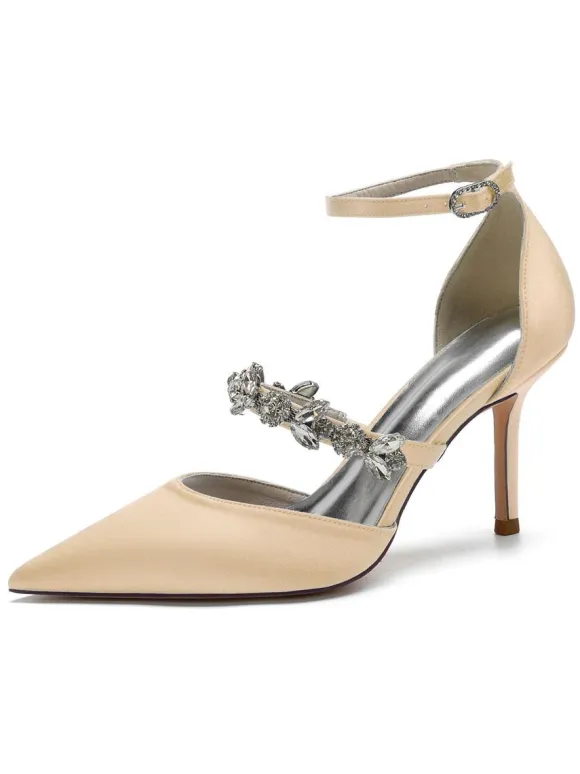 Women's Rhinestones Ankle Strap Heeled Bridal Pumps in Satin