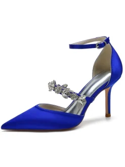 Women's Rhinestones Ankle Strap Heeled Bridal Pumps in Satin