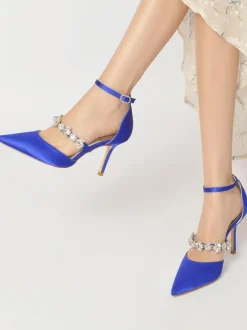 Women's Rhinestones Ankle Strap Heeled Bridal Pumps in Satin