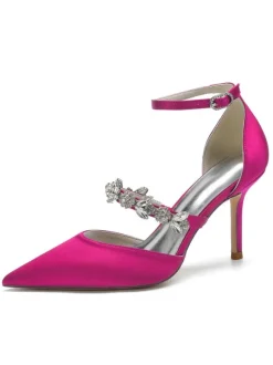 Women's Rhinestones Ankle Strap Heeled Bridal Pumps in Satin