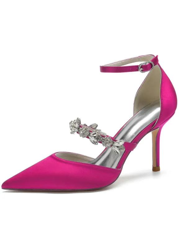 Women's Rhinestones Ankle Strap Heeled Bridal Pumps in Satin