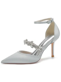 Women's Rhinestones Ankle Strap Heeled Bridal Pumps in Satin