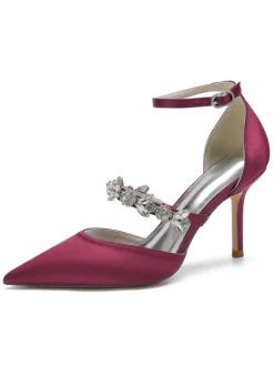 Women's Rhinestones Ankle Strap Heeled Bridal Pumps in Satin