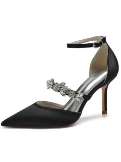 Women's Rhinestones Ankle Strap Heeled Bridal Pumps in Satin