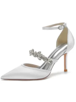 Women's Rhinestones Ankle Strap Heeled Bridal Pumps in Satin