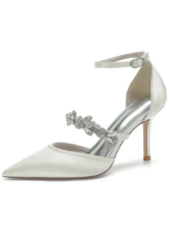 Women's Rhinestones Ankle Strap Heeled Bridal Pumps in Satin