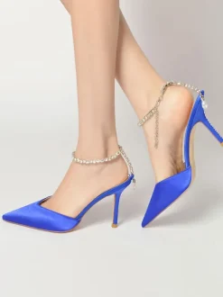 Women's Rhinestones Ankle Strap Stiletto Heel Bridal Pumps in Satin