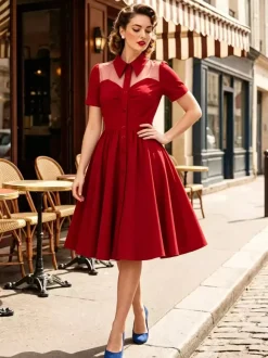 Women's 1950s Vintage Swing Dress Mesh Contrast Collar Button Front Midi Dress