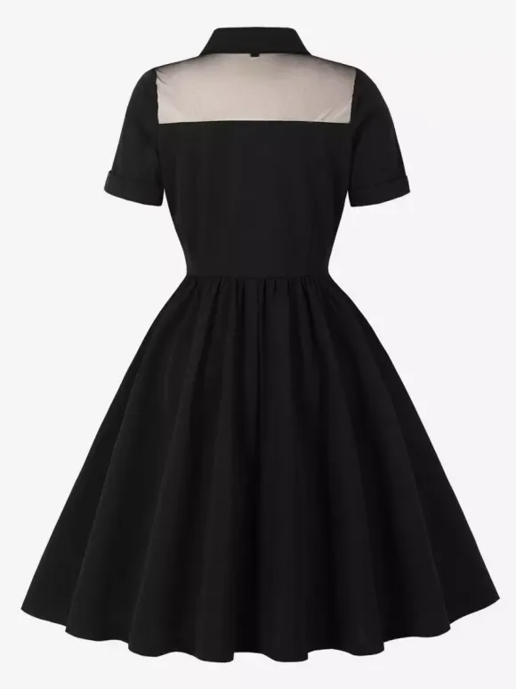 Women's 1950s Vintage Swing Dress Mesh Contrast Collar Button Front Midi Dress