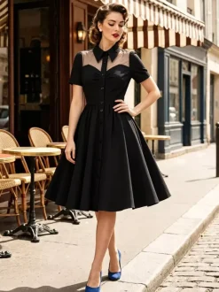 Women's 1950s Vintage Swing Dress Mesh Contrast Collar Button Front Midi Dress