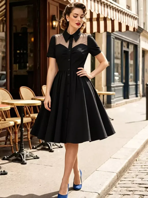 Women's 1950s Vintage Swing Dress Mesh Contrast Collar Button Front Midi Dress