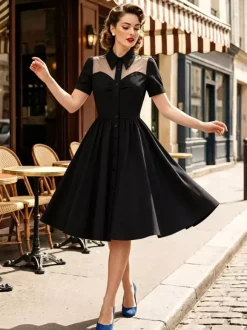 Women's 1950s Vintage Swing Dress Mesh Contrast Collar Button Front Midi Dress