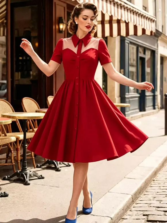 Women's 1950s Vintage Swing Dress Mesh Contrast Collar Button Front Midi Dress