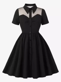 Women's 1950s Vintage Swing Dress Mesh Contrast Collar Button Front Midi Dress