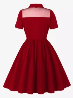 Women's 1950s Vintage Swing Dress Mesh Contrast Collar Button Front Midi Dress