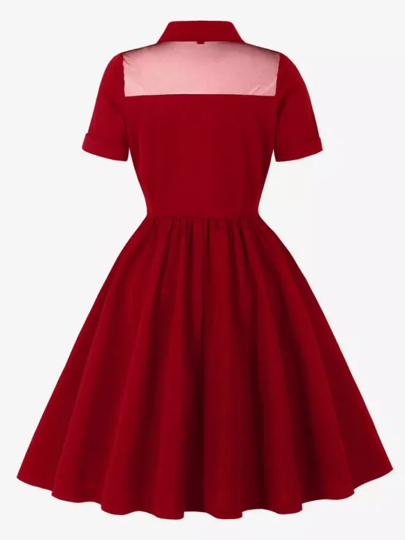 Women's 1950s Vintage Swing Dress Mesh Contrast Collar Button Front Midi Dress