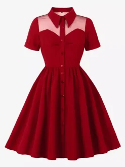 Women's 1950s Vintage Swing Dress Mesh Contrast Collar Button Front Midi Dress