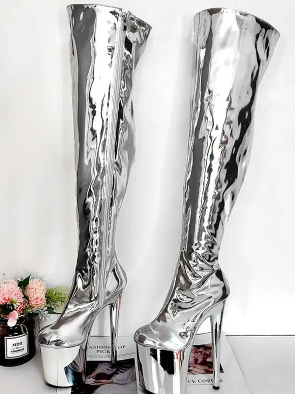 Women's Sexy Boots Silver Platform High Heel Thigh High Boots