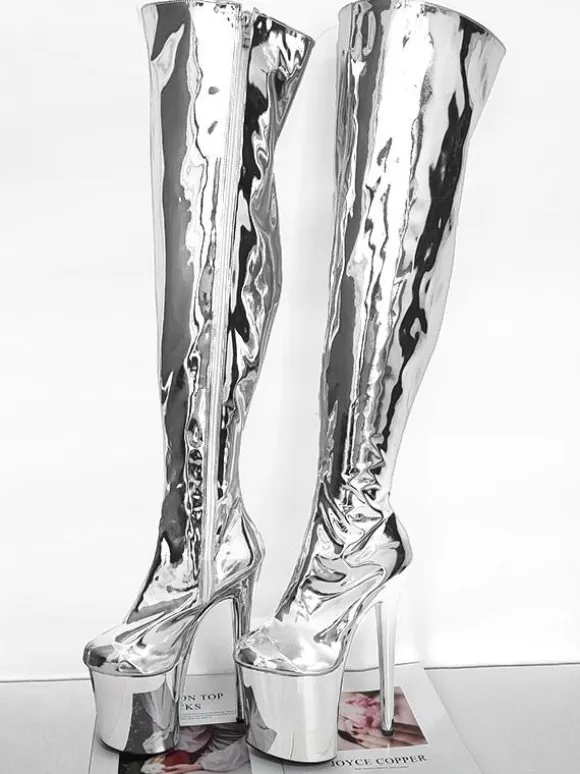 Women's Sexy Boots Silver Platform High Heel Thigh High Boots