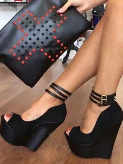 Women's Sexy Platform Wedge Heels Suede Peep Toe Ankle Strap Wedge Pumps in Black