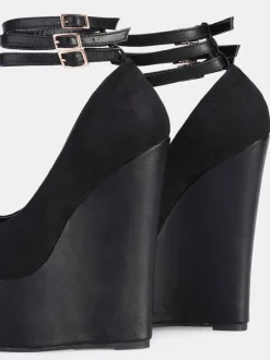 Women's Sexy Platform Wedge Heels Suede Peep Toe Ankle Strap Wedge Pumps in Black